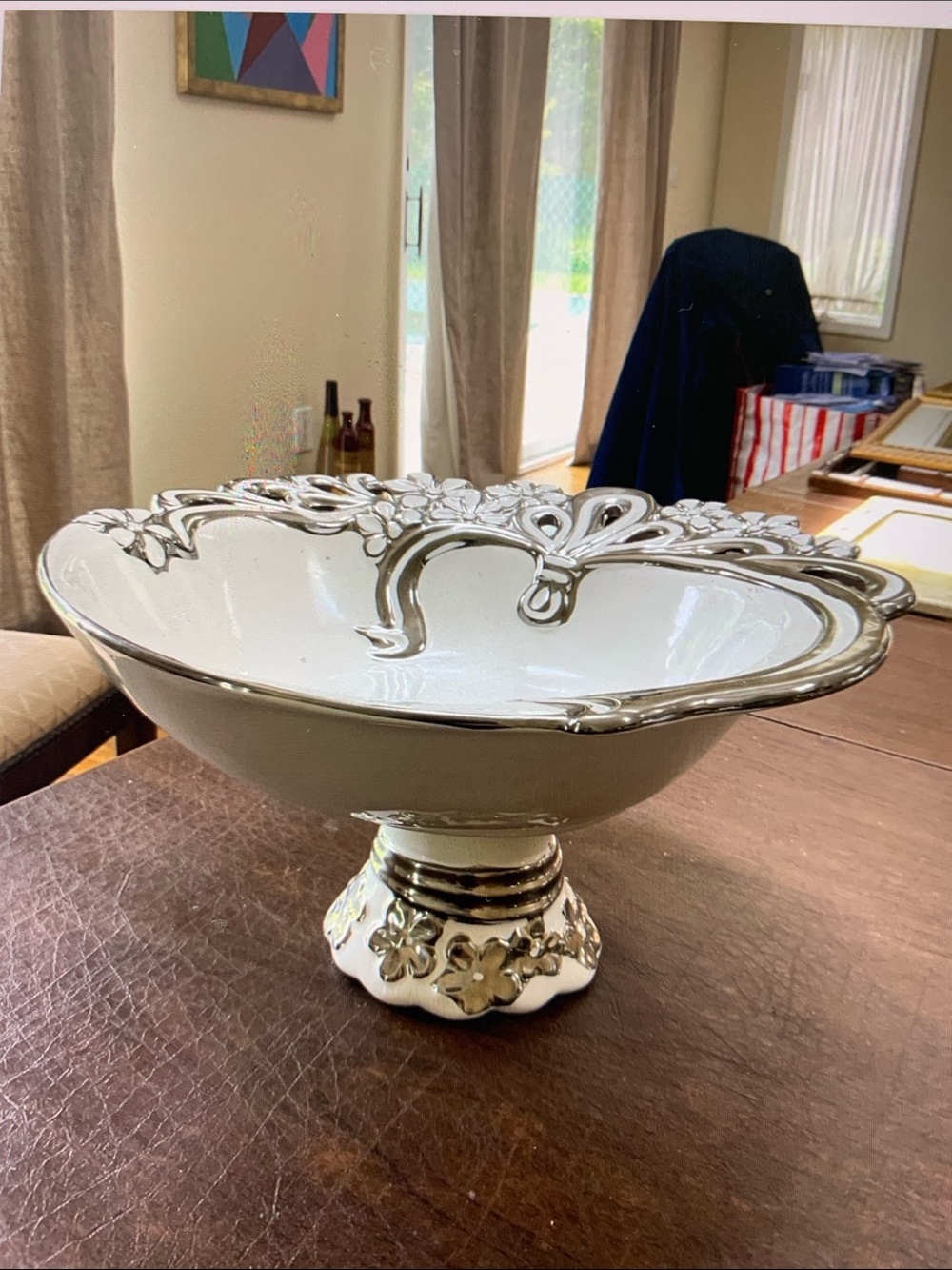 New Majestic Decorative White and Silver Pedestal Bowl - Elegant